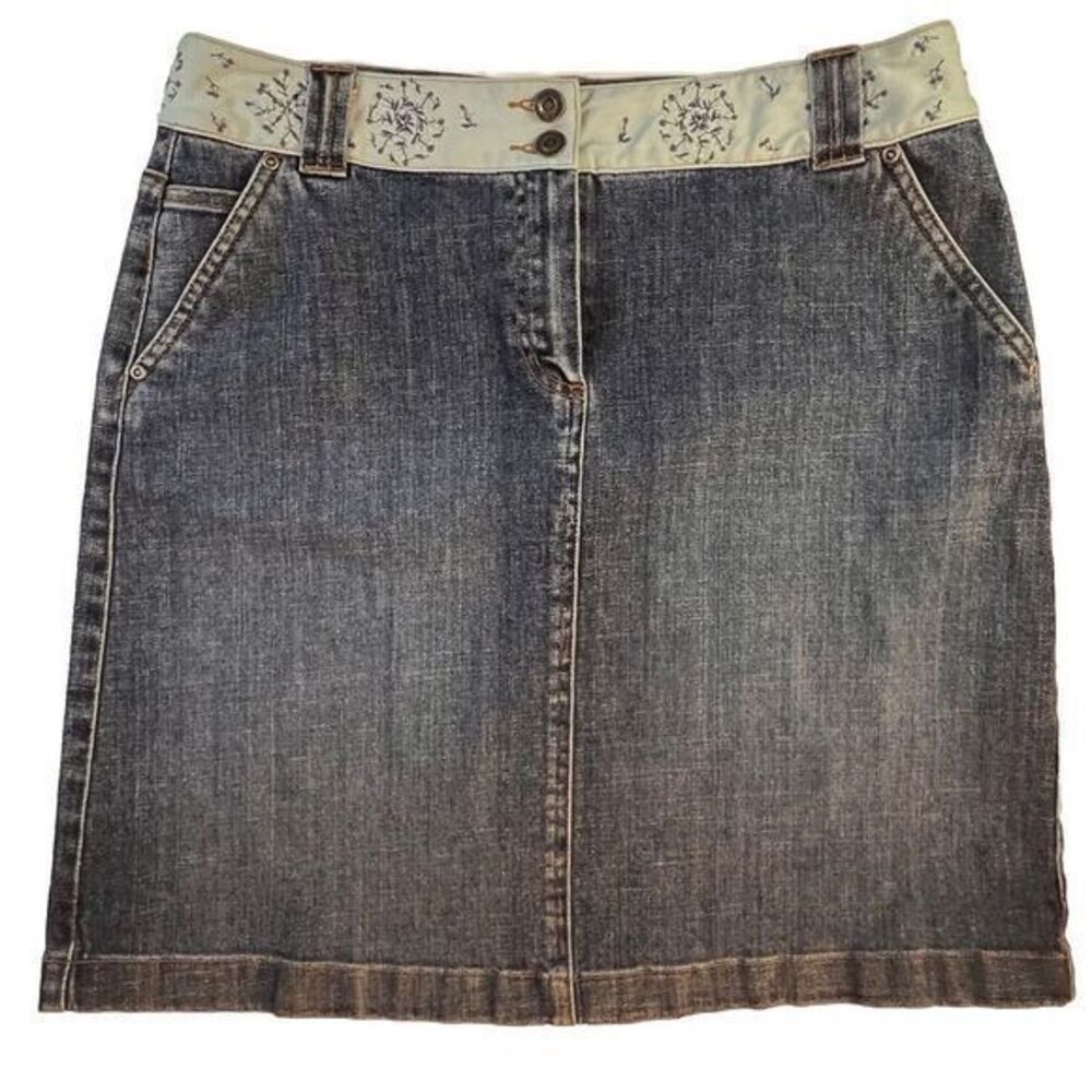 Denim A-Line Skirt with Embroidered Cream Waistband